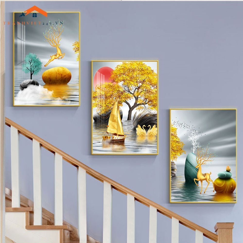 Bộ Tranh Treo Tường Cầu Thang Hiện Đại Cây Vàng Hươu và Phụ Nữ Sang Trọng