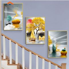 Bộ Tranh Treo Tường Cầu Thang Hiện Đại Cây Vàng Hươu và Phụ Nữ Sang Trọng
