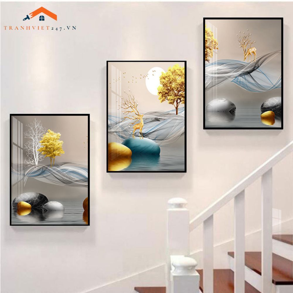 Bộ Tranh Treo Tường Cầu Thang Hiện Đại Cây Vàng Hươu và Phụ Nữ Sang Trọng