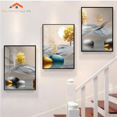 Bộ Tranh Treo Tường Cầu Thang Hiện Đại Cây Vàng Hươu và Phụ Nữ Sang Trọng