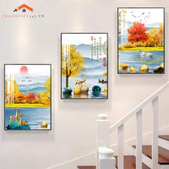 Bộ Tranh Treo Tường Cầu Thang Hiện Đại Cây Vàng Hươu và Phụ Nữ Sang Trọng