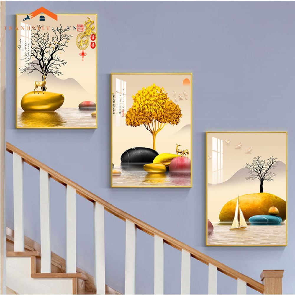 Bộ Tranh Treo Tường Cầu Thang Hiện Đại Cây Vàng Hươu và Phụ Nữ Sang Trọng
