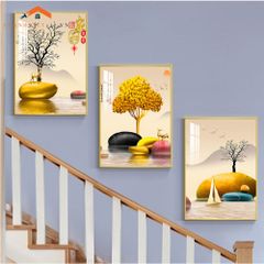 Bộ Tranh Treo Tường Cầu Thang Hiện Đại Cây Vàng Hươu và Phụ Nữ Sang Trọng