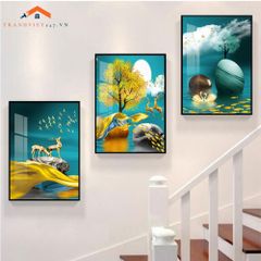 Bộ Tranh Treo Tường Cầu Thang Hiện Đại Cây Vàng Hươu và Phụ Nữ Sang Trọng