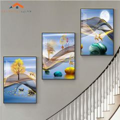 Bộ Tranh Treo Tường Cầu Thang Hiện Đại Cây Vàng Hươu và Phụ Nữ Sang Trọng