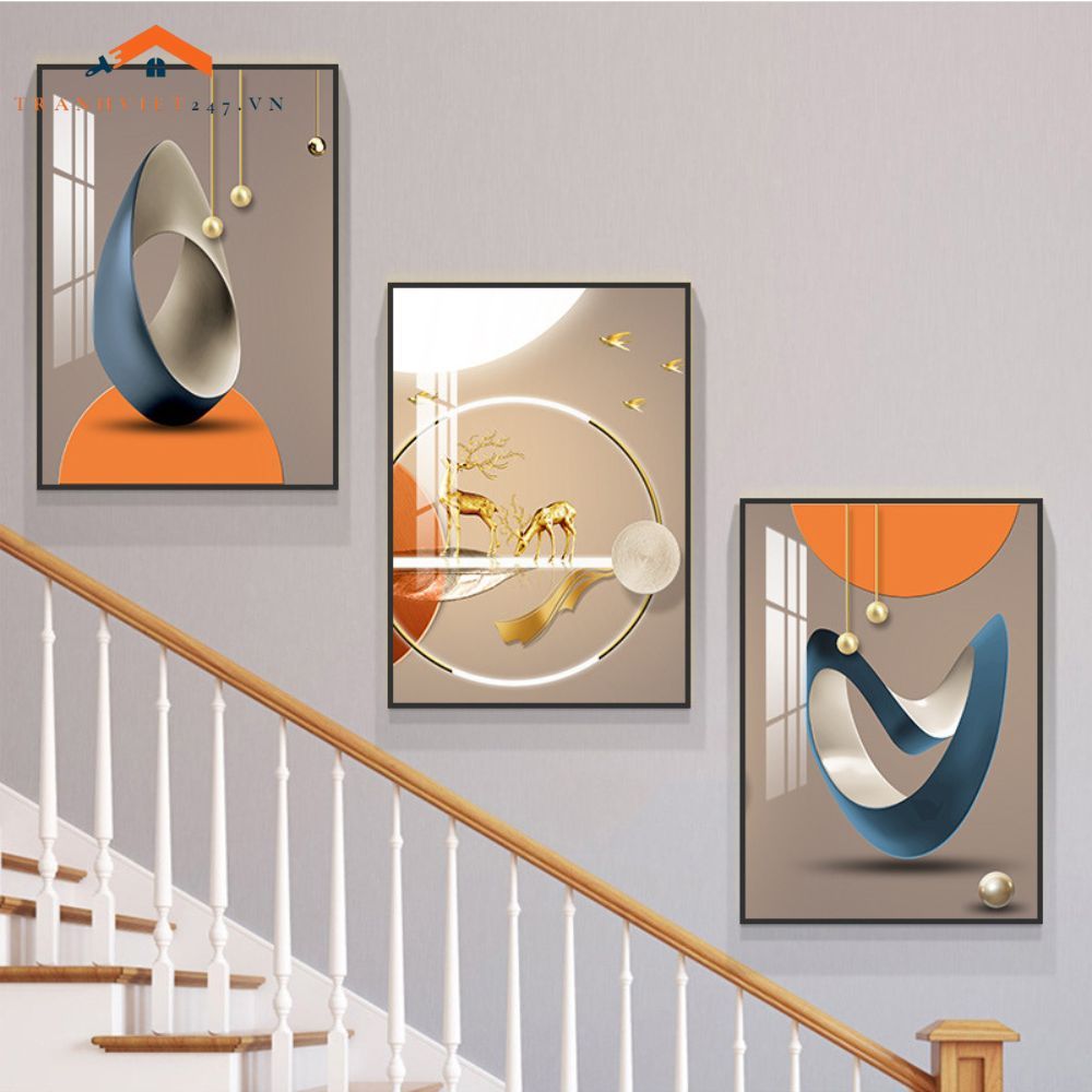 Bộ Tranh Treo Tường Cầu Thang Hiện Đại Cây Vàng Hươu và Phụ Nữ Sang Trọng