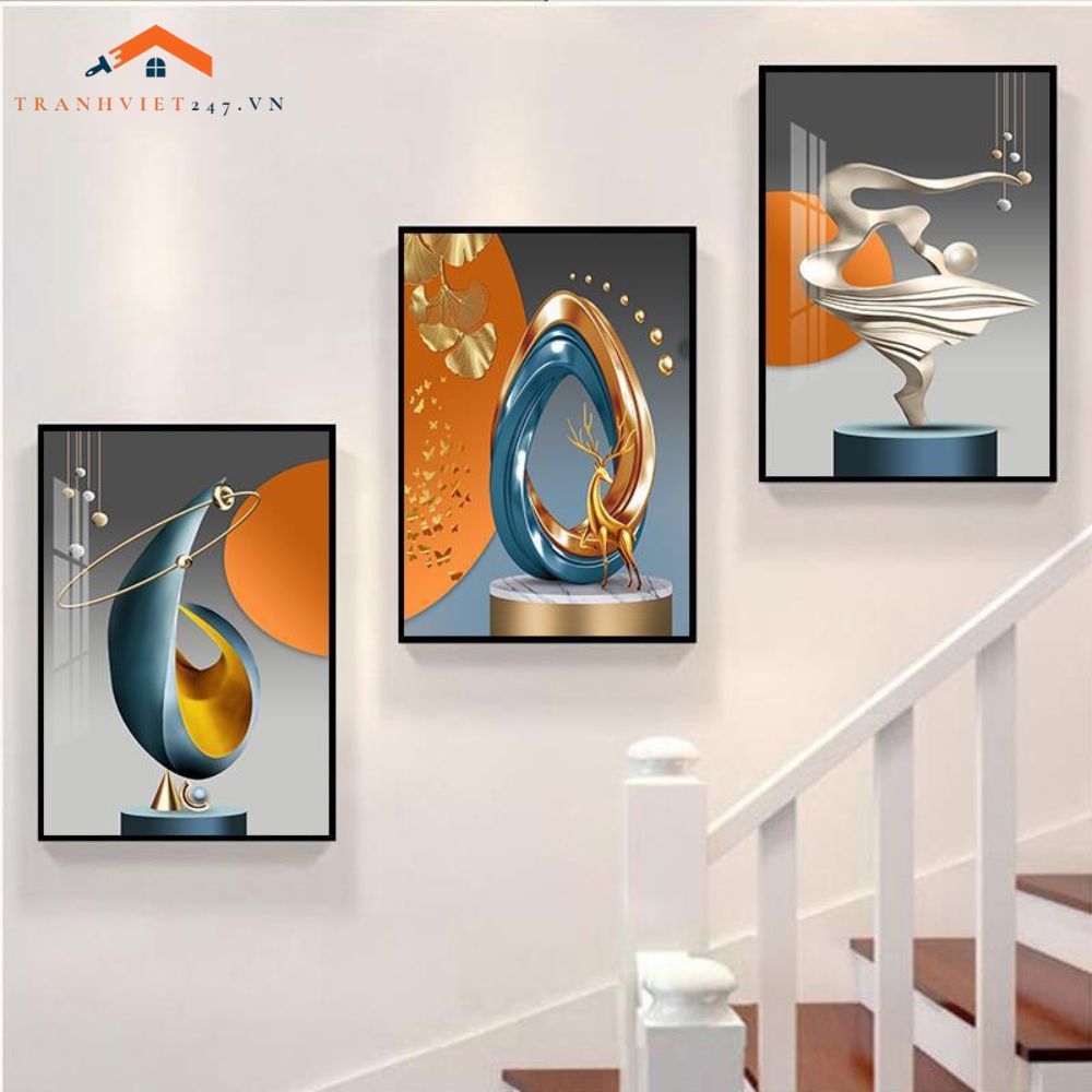 Bộ Tranh Treo Tường Cầu Thang Hiện Đại Cây Vàng Hươu và Phụ Nữ Sang Trọng