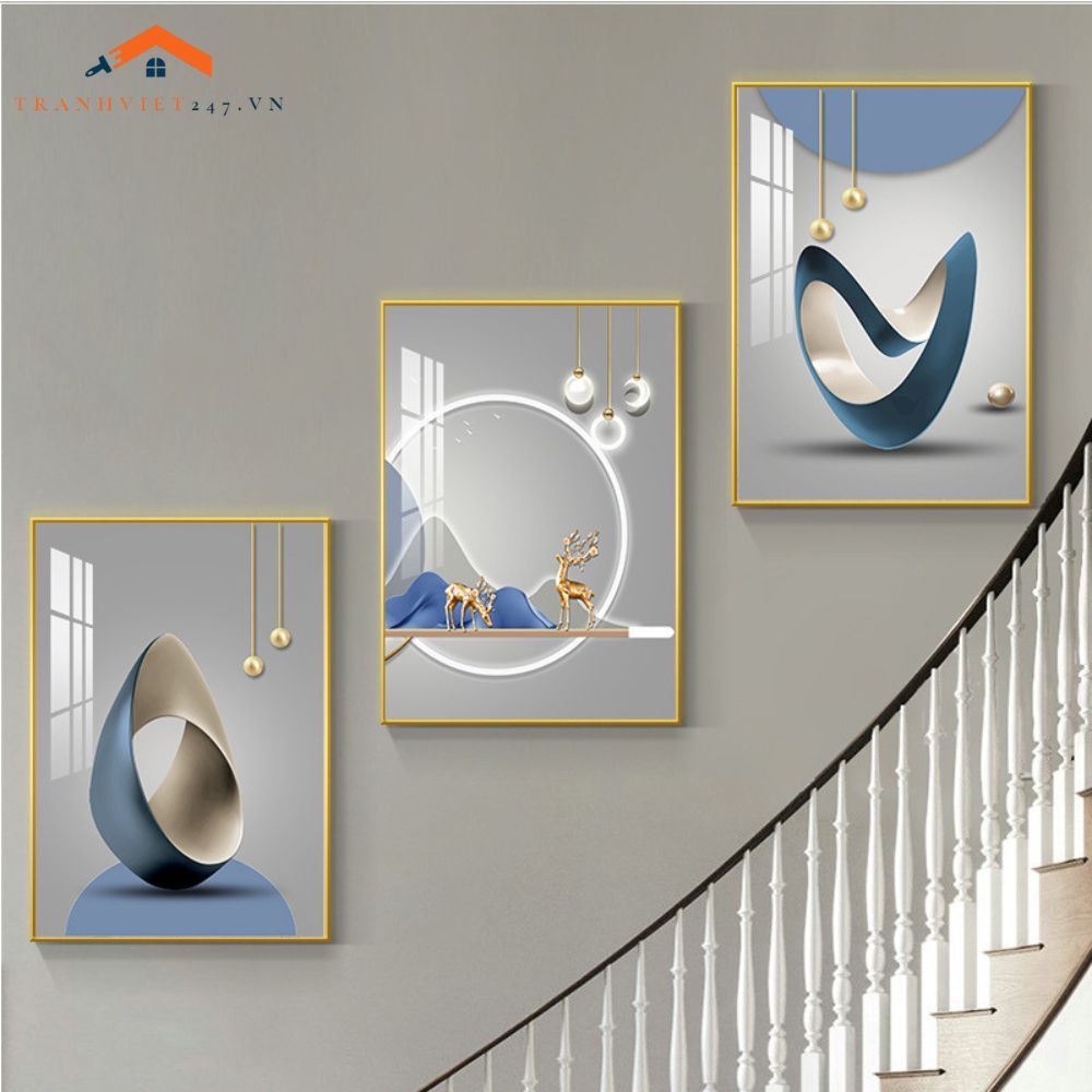 Bộ Tranh Treo Tường Cầu Thang Hiện Đại Cây Vàng Hươu và Phụ Nữ Sang Trọng