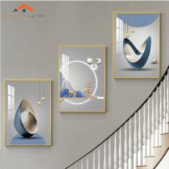 Bộ Tranh Treo Tường Cầu Thang Hiện Đại Cây Vàng Hươu và Phụ Nữ Sang Trọng