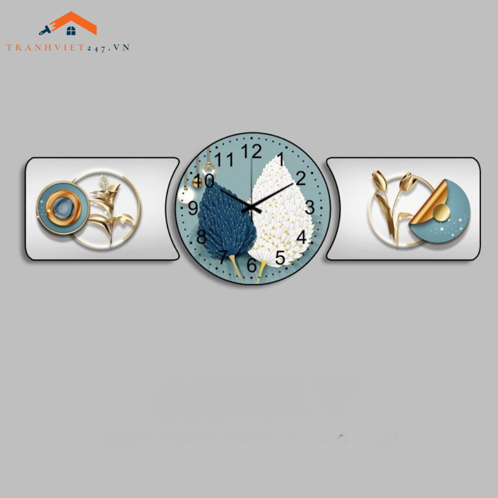 Bộ Đồng Hồ Treo Tường 3D Lá Kim Tuyến Cách Điệu - Trang Trí Phòng Khách Hiện Đại
