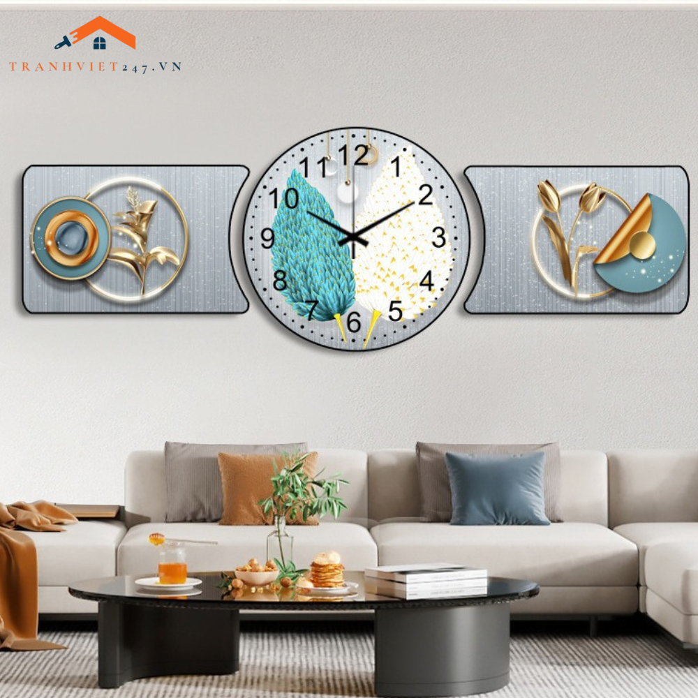 Bộ Đồng Hồ Treo Tường 3D Lá Kim Tuyến Cách Điệu - Trang Trí Phòng Khách Hiện Đại