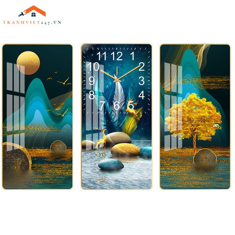 Bộ Tranh Đồng Hồ Treo Tường 3D  Hươu Phú Quý Ngắm Trăng - Thu Hút Tài Lộc May Mắn