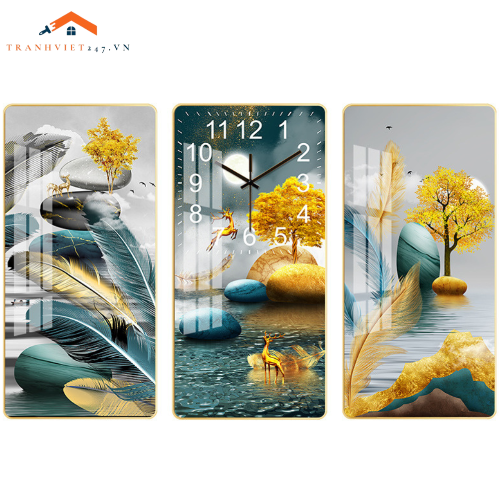 Bộ Tranh Đồng Hồ Treo Tường 3D  Hươu Phú Quý Ngắm Trăng - Thu Hút Tài Lộc May Mắn