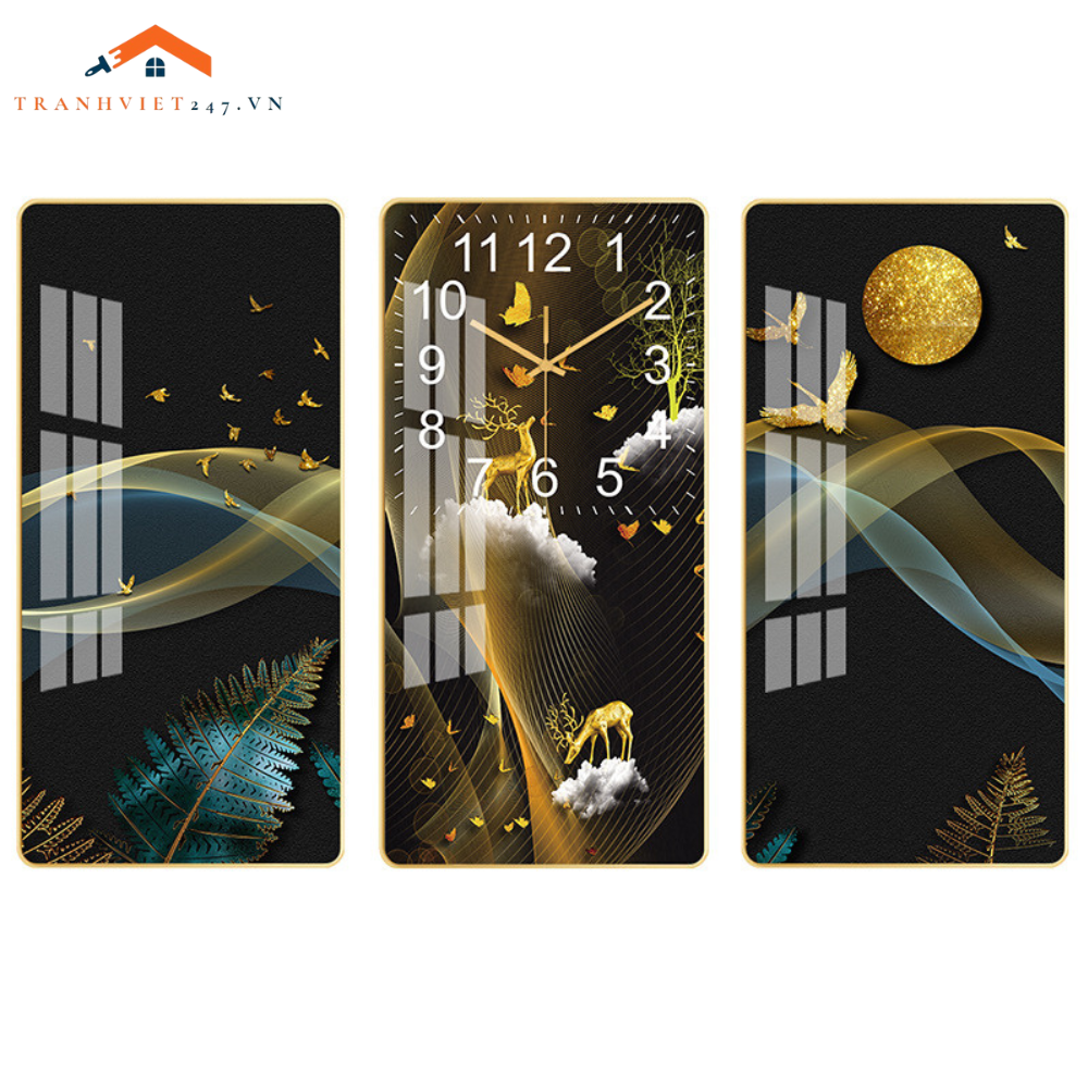 Bộ Tranh Đồng Hồ Treo Tường 3D  Hươu Phú Quý Ngắm Trăng - Thu Hút Tài Lộc May Mắn