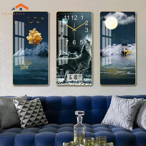 Bộ Tranh Đồng Hồ Treo Tường 3D  Hươu Phú Quý Ngắm Trăng - Thu Hút Tài Lộc May Mắn