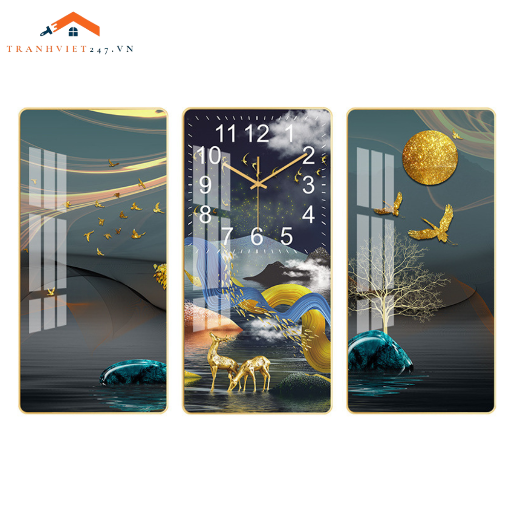 Bộ Tranh Đồng Hồ Treo Tường 3D  Hươu Phú Quý Ngắm Trăng - Thu Hút Tài Lộc May Mắn