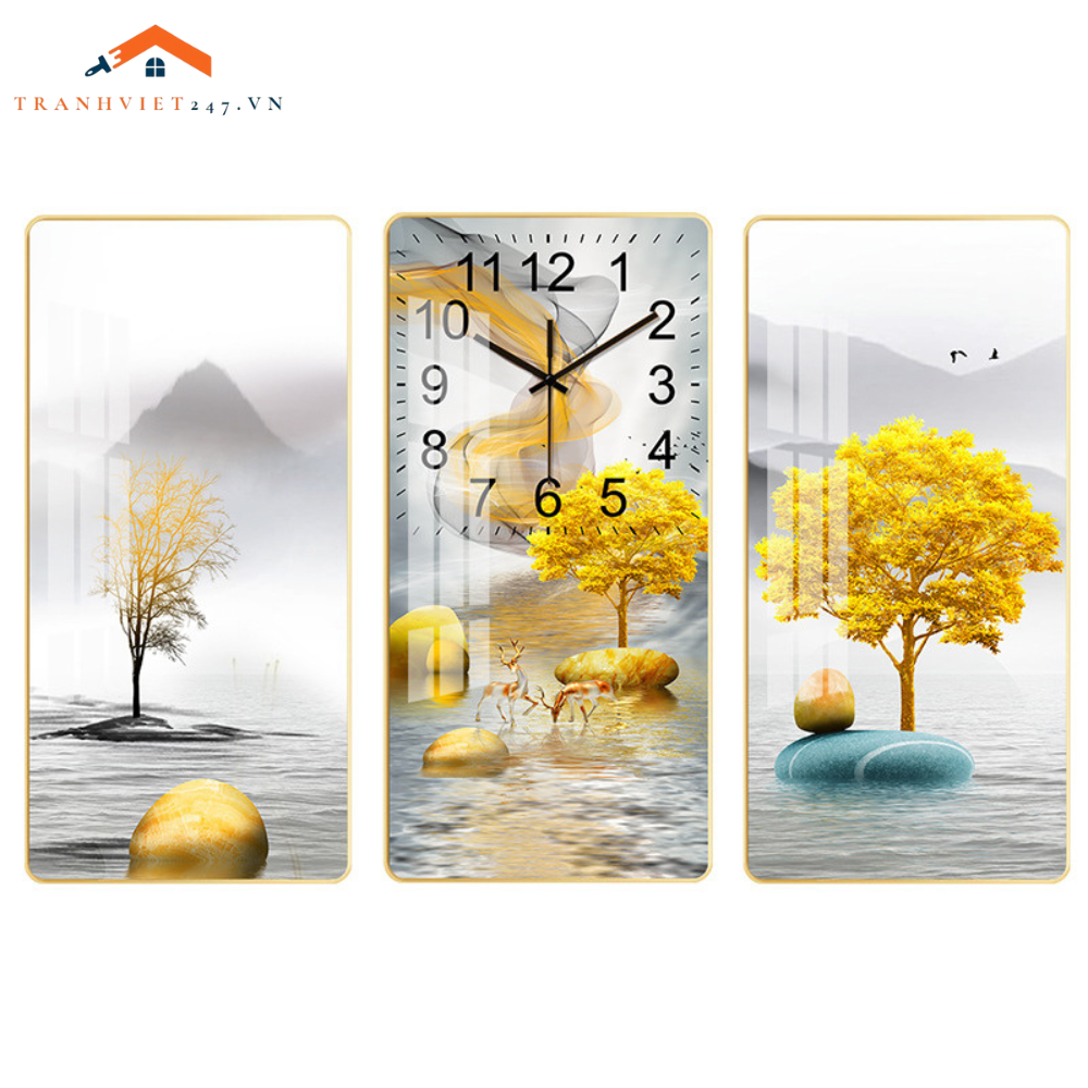 Bộ Tranh Đồng Hồ Treo Tường 3D  Hươu Phú Quý Ngắm Trăng - Thu Hút Tài Lộc May Mắn