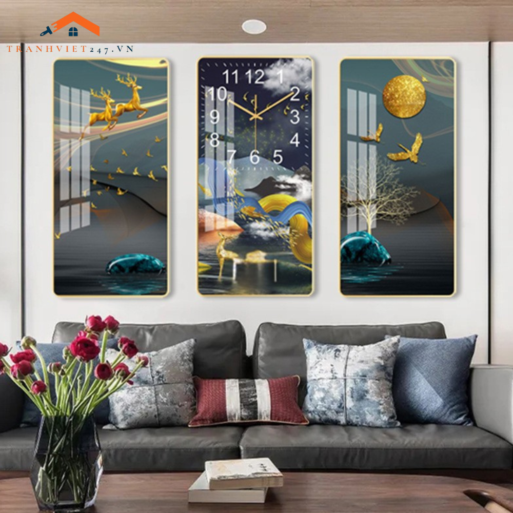 Bộ Tranh Đồng Hồ Treo Tường 3D  Hươu Phú Quý Ngắm Trăng - Thu Hút Tài Lộc May Mắn