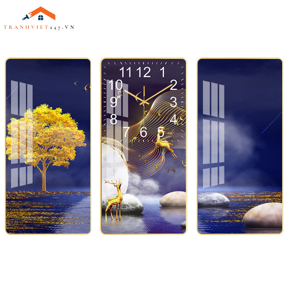 Bộ Tranh Đồng Hồ Treo Tường 3D  Hươu Phú Quý Ngắm Trăng - Thu Hút Tài Lộc May Mắn
