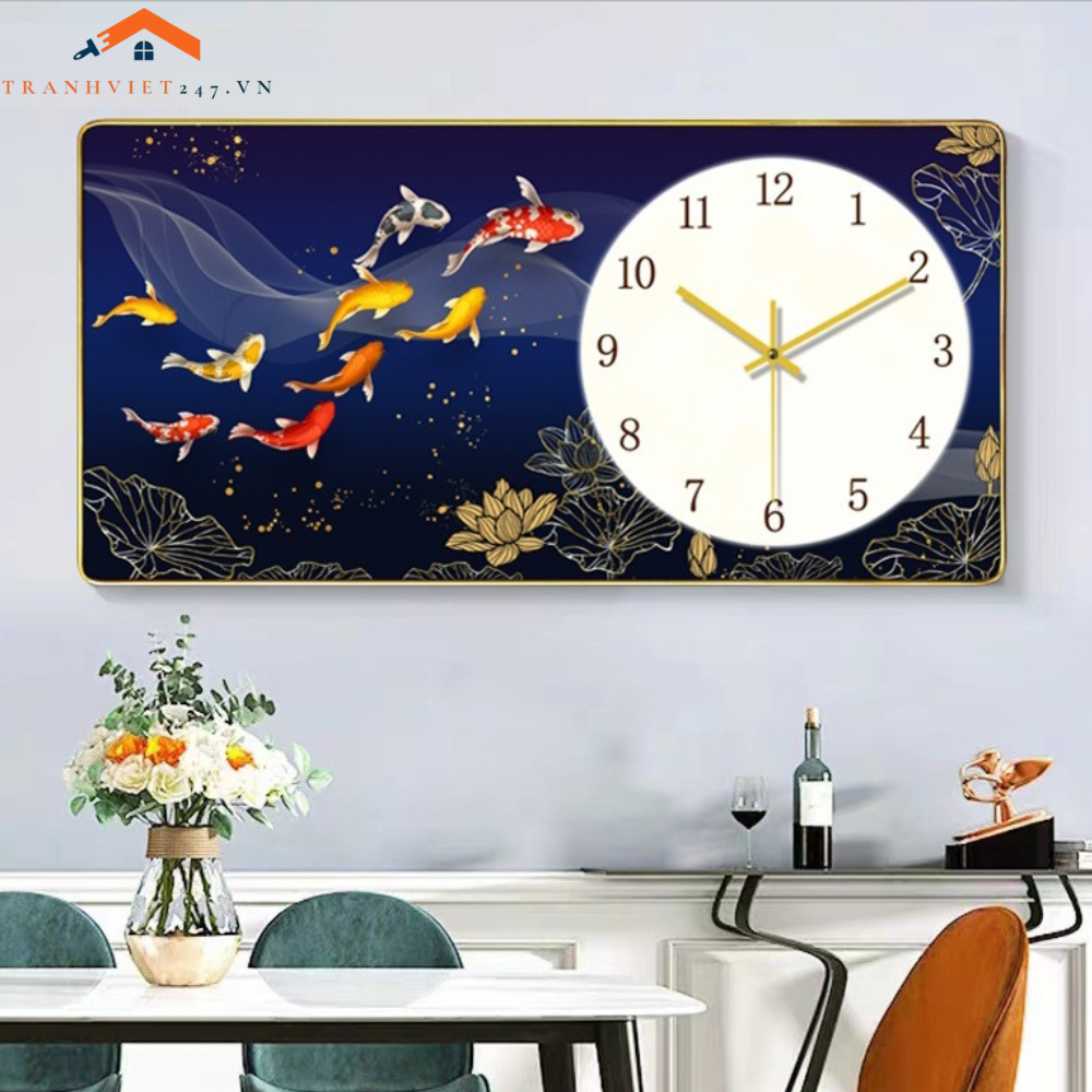 Tranh Đồng Hồ Treo Tường Cá Koi  Phong Thủy Hiện Đại -  Mang Đến Tài Lộc Vượng Khí