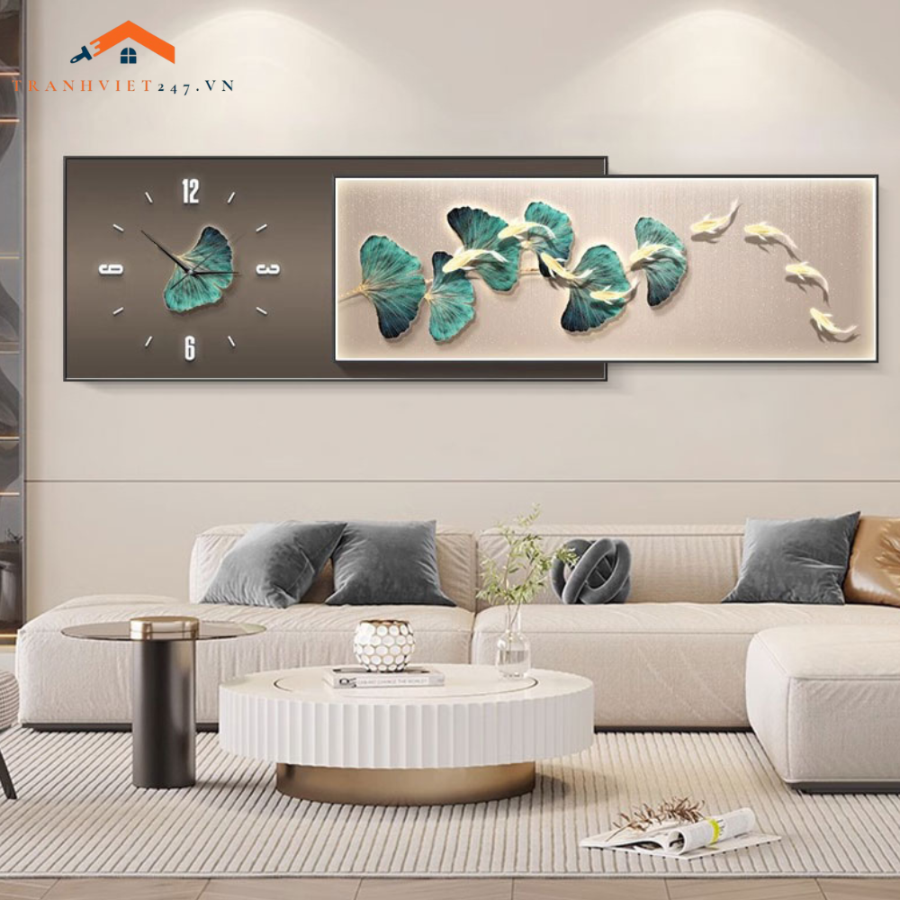 Bộ Đồng Hồ Treo Tường 2 Trong 1 Lá Cây Và Cá Vàng Nghệ Thuật - Trang Trí Phòng Khách  Hiện Đại