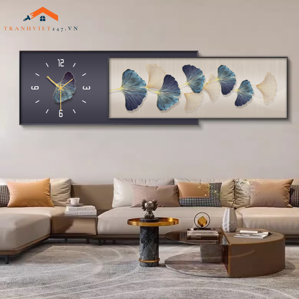 Bộ Đồng Hồ Treo Tường 2 Trong 1 Lá Cây Và Cá Vàng Nghệ Thuật - Trang Trí Phòng Khách  Hiện Đại