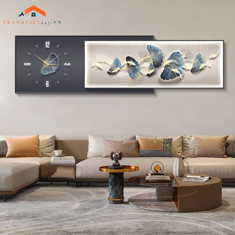 Bộ Đồng Hồ Treo Tường 2 Trong 1 Lá Cây Và Cá Vàng Nghệ Thuật - Trang Trí Phòng Khách  Hiện Đại