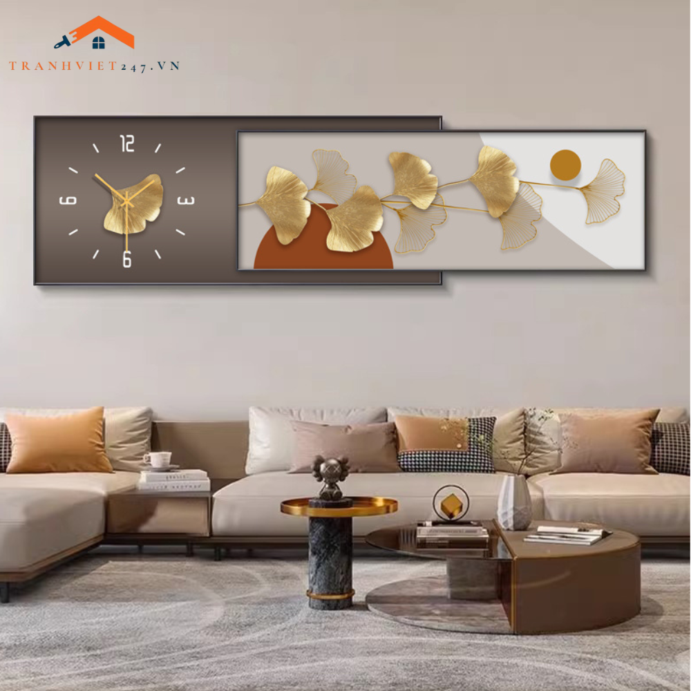 Bộ Đồng Hồ Treo Tường 2 Trong 1 Lá Cây Và Cá Vàng Nghệ Thuật - Trang Trí Phòng Khách  Hiện Đại