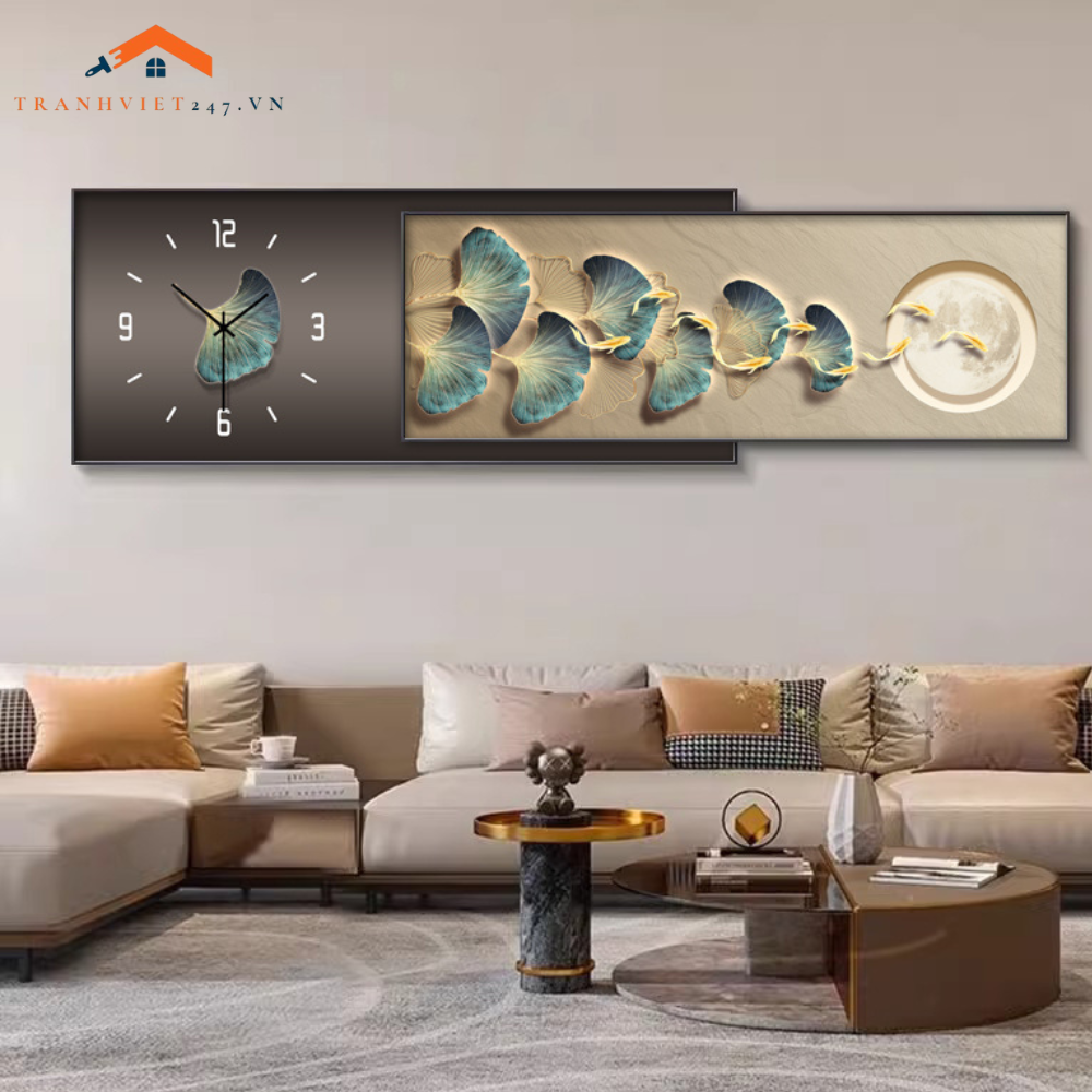 Bộ Đồng Hồ Treo Tường 2 Trong 1 Lá Cây Và Cá Vàng Nghệ Thuật - Trang Trí Phòng Khách  Hiện Đại