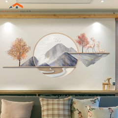 Tranh Dán Tường 3D Phong Cảnh Núi Non, Sông Nước Và Hươu Hiện Đại - Decor Phòng