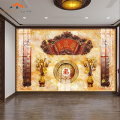 Tranh Tráng Gương 3D Phòng Thờ Gia Tiên Phúc Lộc Thọ - Tài Lộc, May Mắn, Sung Túc
