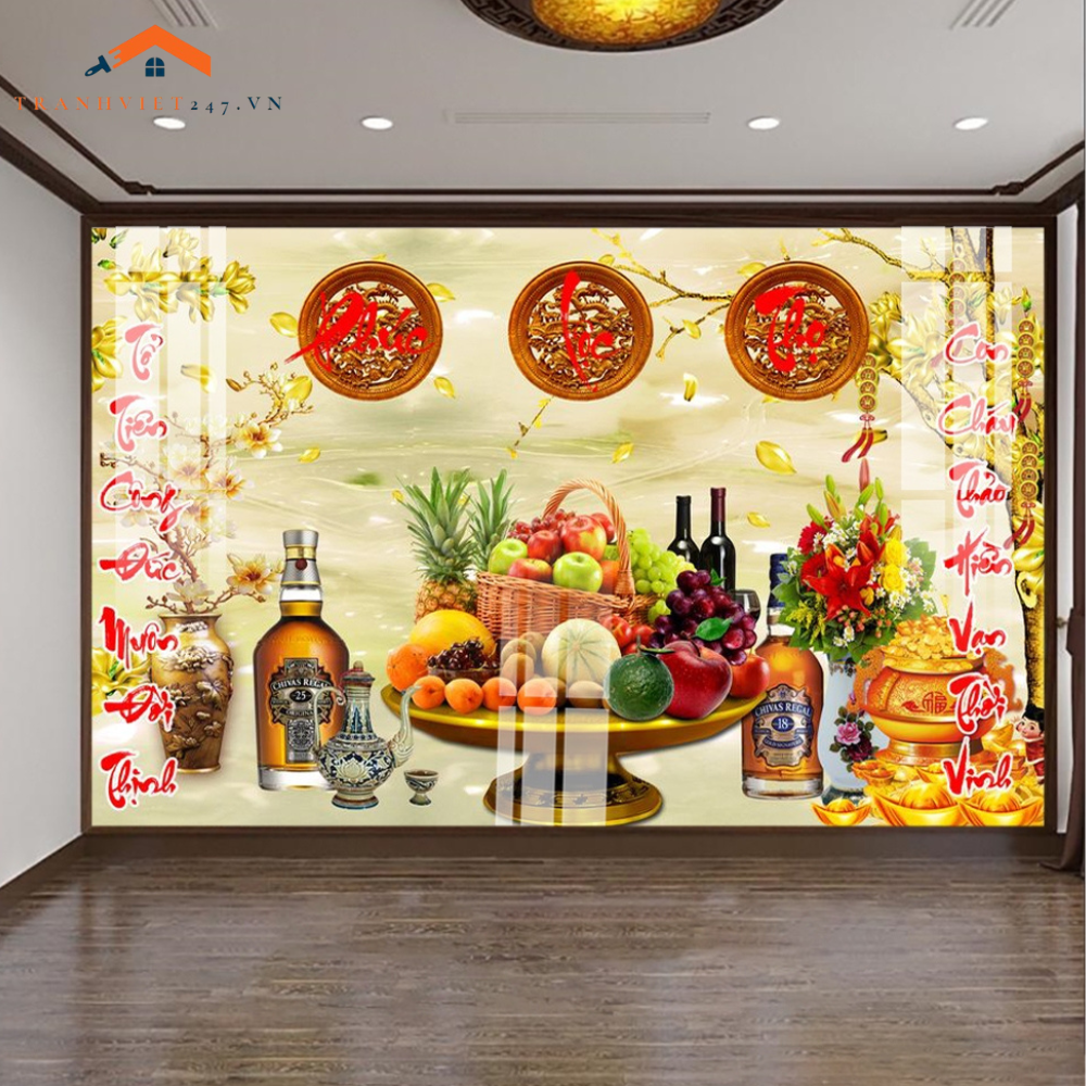 Tranh Tráng Gương 3D Phòng Thờ Gia Tiên Phúc Lộc Thọ - Tài Lộc, May Mắn, Sung Túc