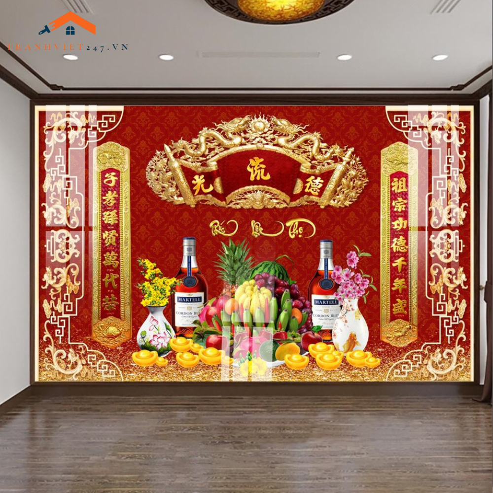 Tranh Tráng Gương 3D Phòng Thờ Gia Tiên Phúc Lộc Thọ - Tài Lộc, May Mắn, Sung Túc