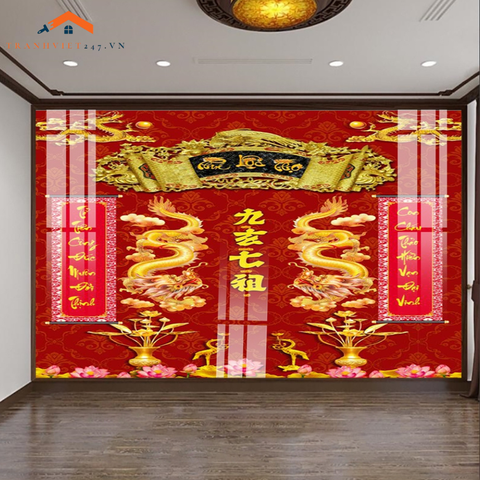 Tranh Tráng Gương 3D Phòng Thờ Gia Tiên Phúc Lộc Thọ - Tài Lộc, May Mắn, Sung Túc