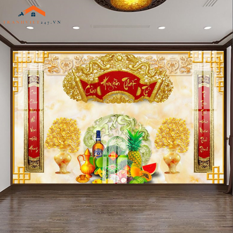 Tranh Tráng Gương 3D Phòng Thờ Gia Tiên Phúc Lộc Thọ - Tài Lộc, May Mắn, Sung Túc