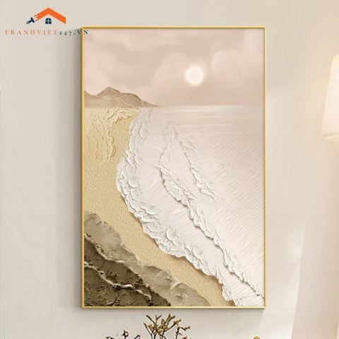 Tranh Treo Tường Trừu Tượng Bờ Biển Từ Trên Cao Sóng Nổi Trắng Xám Hiện Đại Tối Giản