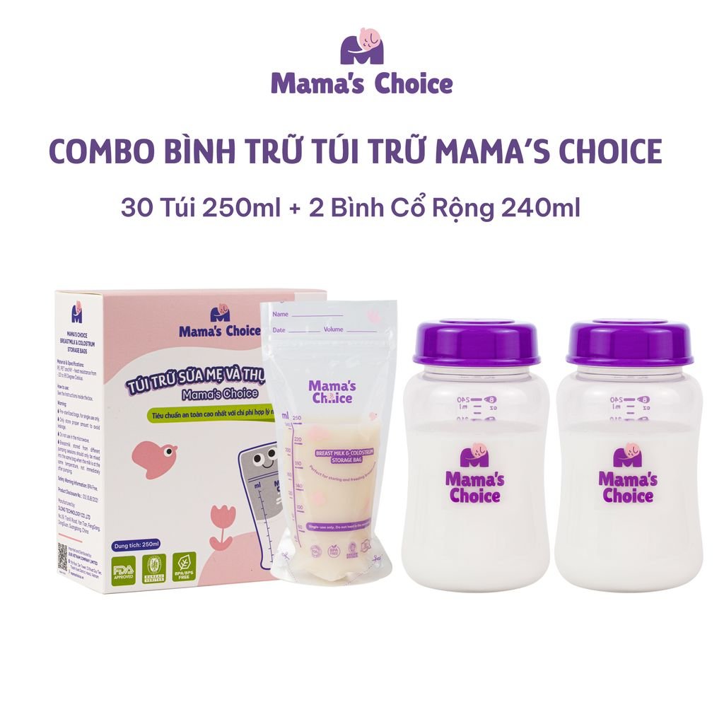 Combo Bình Trữ Sữa và Túi Trữ Sữa Mama’s Choice, Bảo Quản và Đựng Sữa Mẹ, Kiểm Định An Toàn Quốc Tế Bureau Veritas