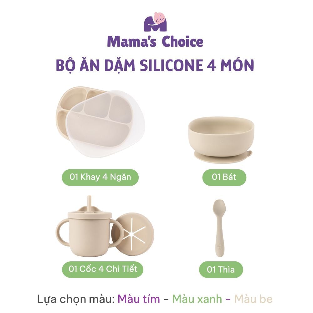 Bộ Ăn Dặm Cho Bé Thương Hiệu Mama's Choice, Combo Bát-Khay-Yếm-Thìa-Cốc Silicone Cao Cấp
