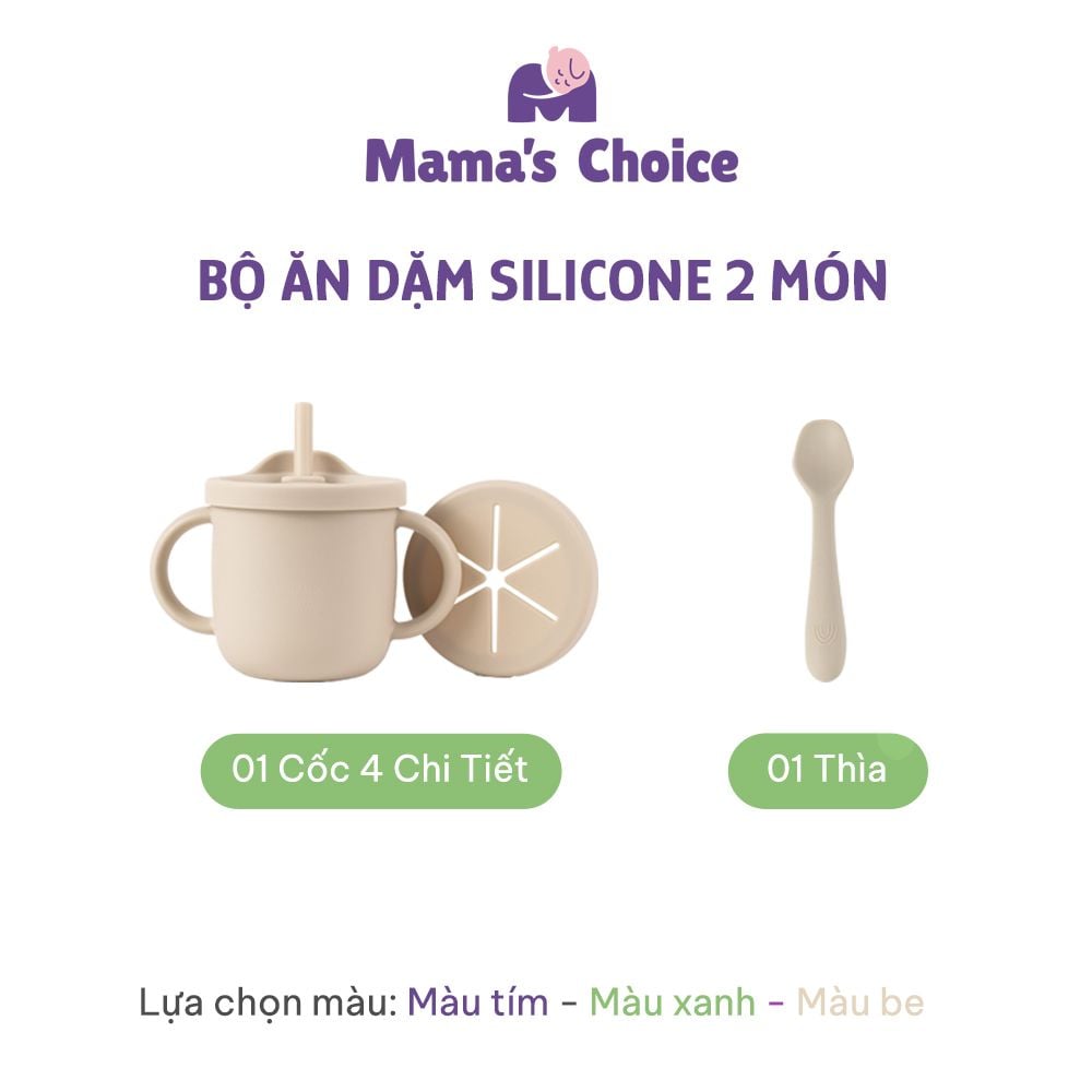 Bộ Ăn Dặm Cho Bé Thương Hiệu Mama's Choice, Combo Bát-Khay-Yếm-Thìa-Cốc Silicone Cao Cấp