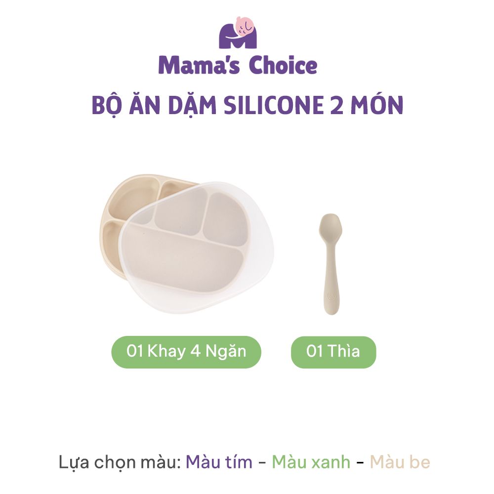 Bộ Ăn Dặm Cho Bé Thương Hiệu Mama's Choice, Combo Bát-Khay-Yếm-Thìa-Cốc Silicone Cao Cấp