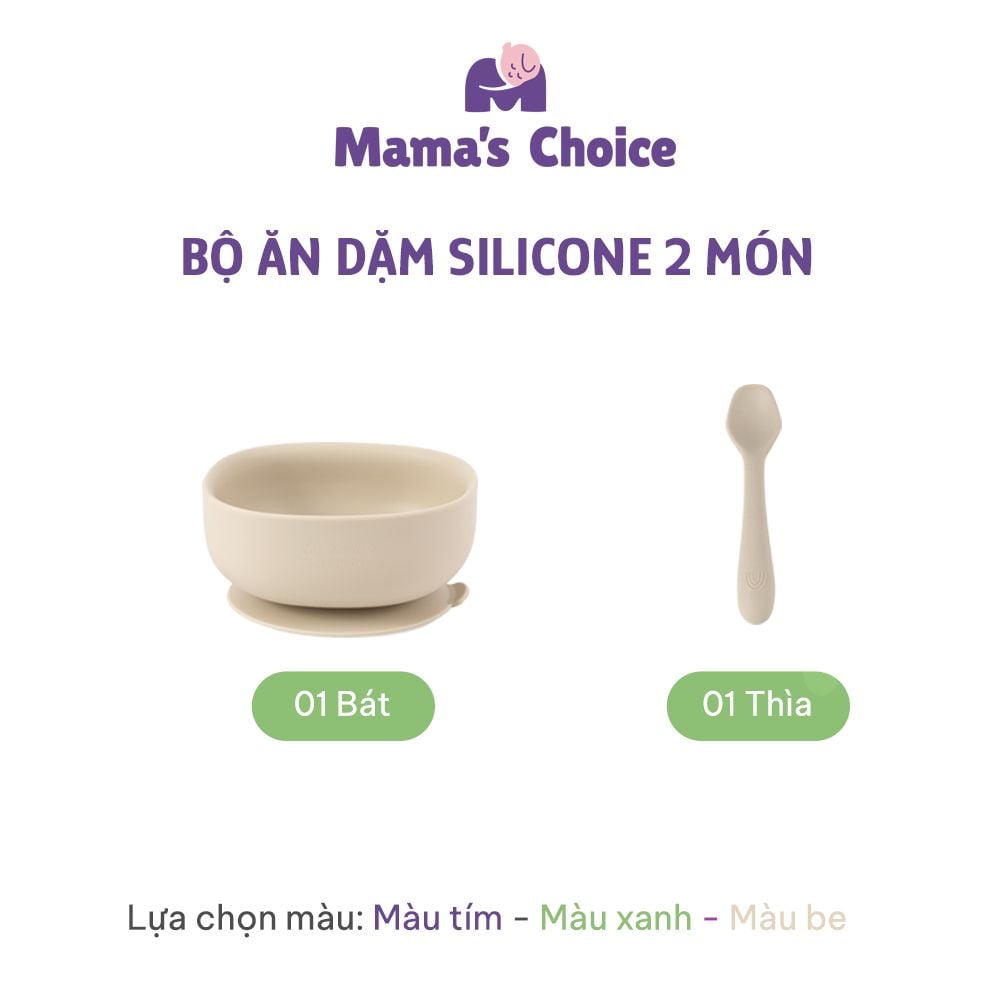 Bộ Ăn Dặm Cho Bé Thương Hiệu Mama's Choice, Combo Bát-Khay-Yếm-Thìa-Cốc Silicone Cao Cấp