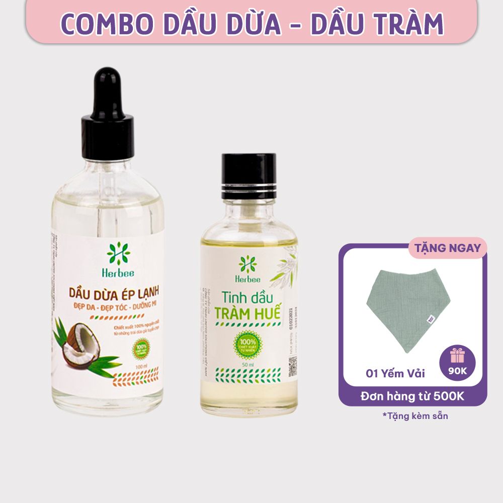 Combo Dầu Dừa Ép Lạnh (100ml) và Tinh Dầu Tràm Huế (50ml) Thương Hiệu Herbee, Combo Massage & Giữ Ấm Cho Mẹ Bé