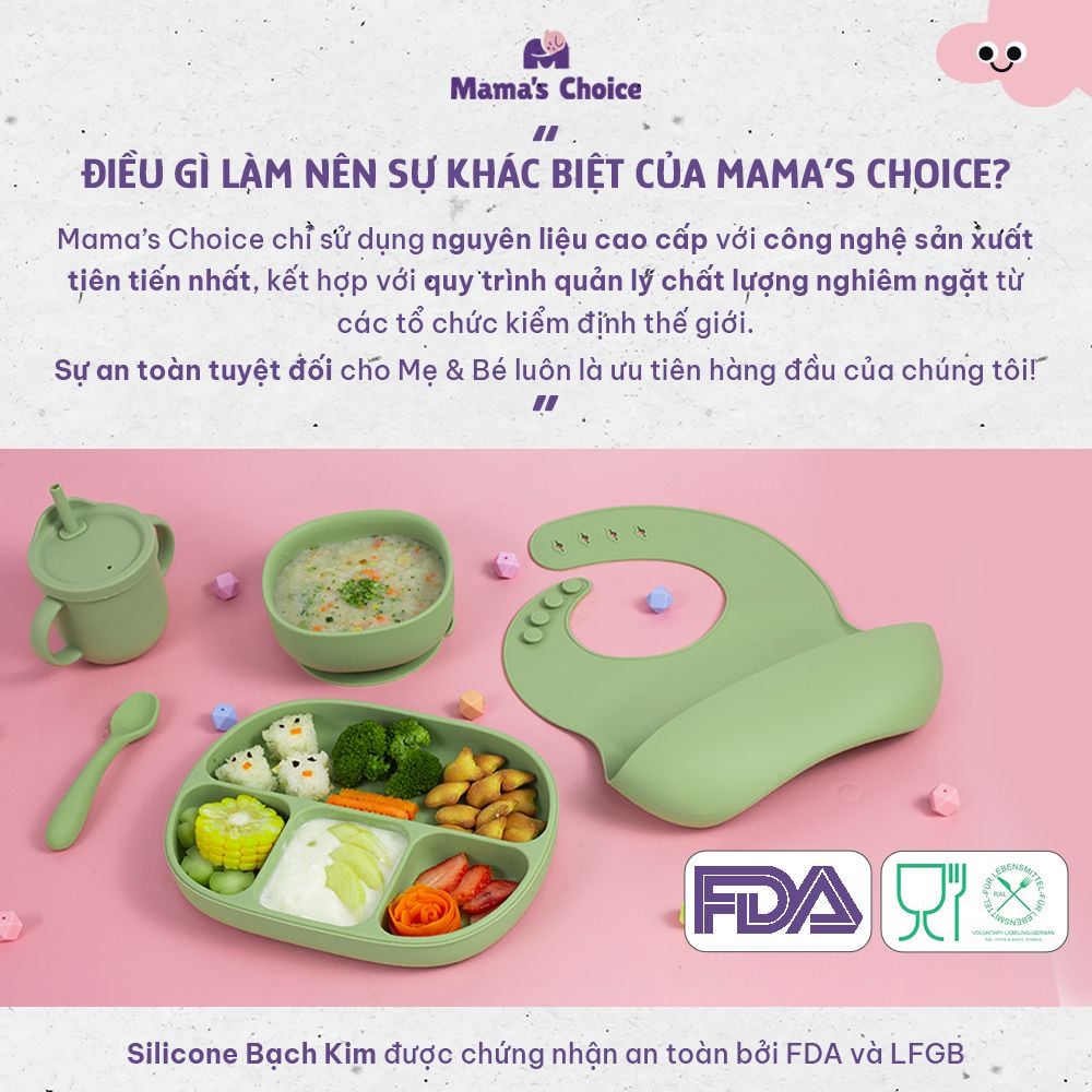 Bộ Ăn Dặm Cho Bé Thương Hiệu Mama's Choice, Combo Bát-Khay-Yếm-Thìa-Cốc Silicone Cao Cấp