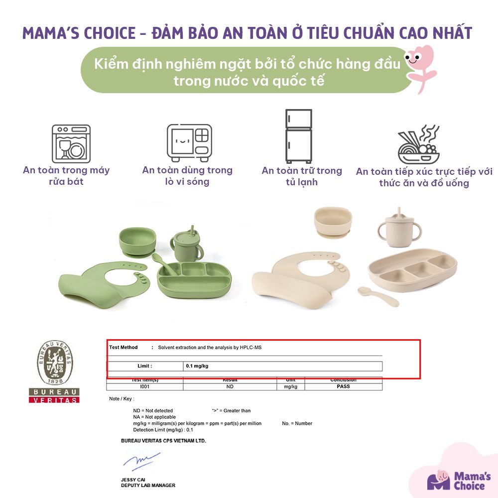 Bộ Ăn Dặm Cho Bé Thương Hiệu Mama's Choice, Combo Bát-Khay-Yếm-Thìa-Cốc Silicone Cao Cấp