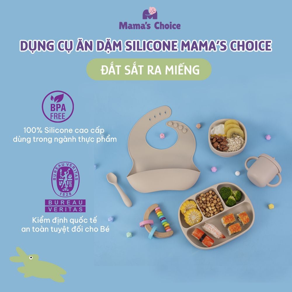 Bộ Ăn Dặm Cho Bé Thương Hiệu Mama's Choice, Combo Bát-Khay-Yếm-Thìa-Cốc Silicone Cao Cấp
