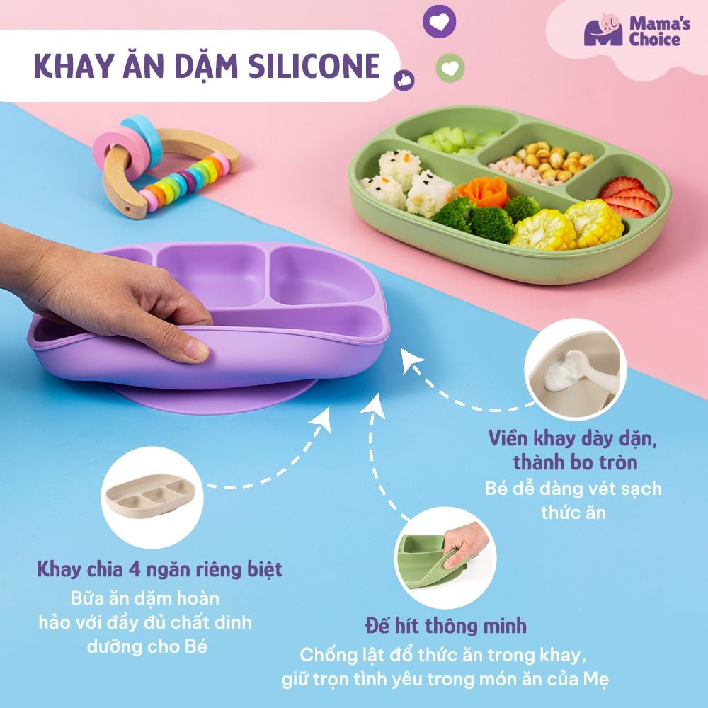 Bộ Ăn Dặm Cho Bé Thương Hiệu Mama's Choice, Combo Bát-Khay-Yếm-Thìa-Cốc Silicone Cao Cấp