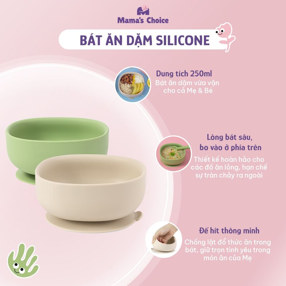 Bộ Ăn Dặm Cho Bé Thương Hiệu Mama's Choice, Combo Bát-Khay-Yếm-Thìa-Cốc Silicone Cao Cấp
