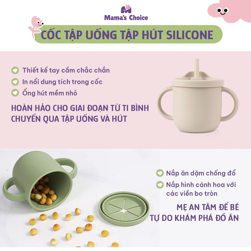 Bộ Ăn Dặm Cho Bé Thương Hiệu Mama's Choice, Combo Bát-Khay-Yếm-Thìa-Cốc Silicone Cao Cấp