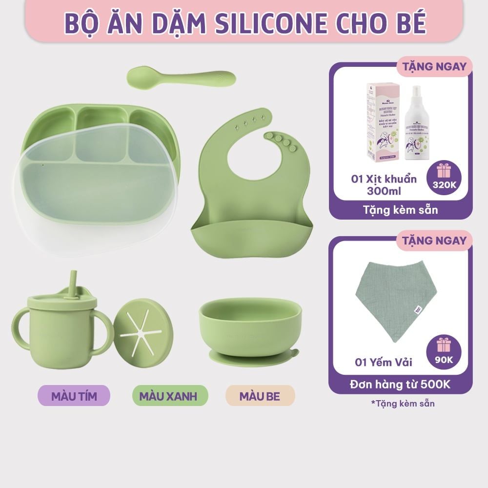 Bộ Ăn Dặm Cho Bé Thương Hiệu Mama's Choice, Combo Bát-Khay-Yếm-Thìa-Cốc Silicone Cao Cấp