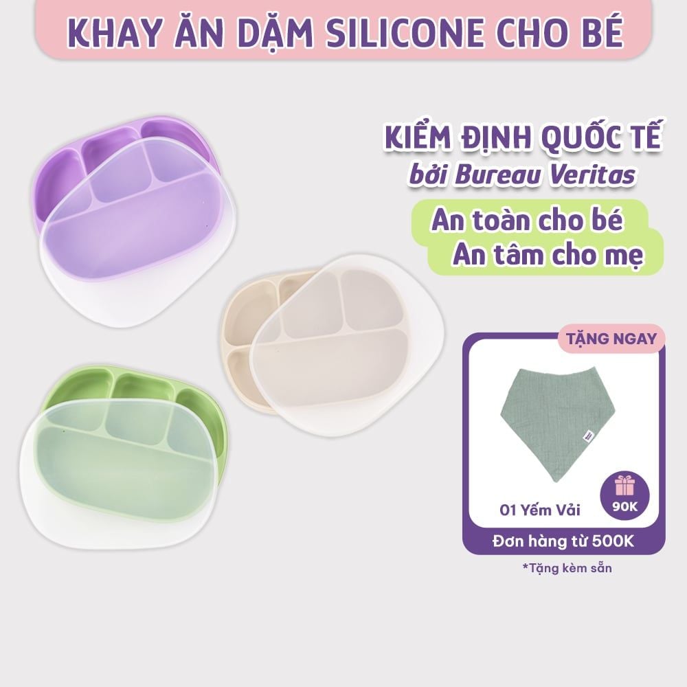 Khay Ăn Dặm Silicone Mama's Choice, Giúp Bé Ăn Dặm Dễ Dàng Với Thiết Kế Đặc Biệt Đế Hít Chống Trượt Đổ và Nắp Đậy